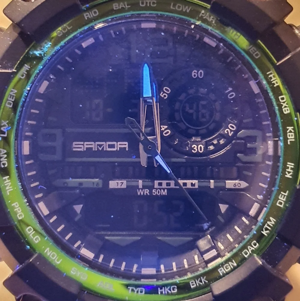10/$20 Sanda Black/Green Ani-Digital Alarm Chrono Men's Watch